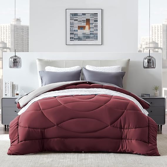 SLEEP ZONE Comforter Duvet Insert, Twin/Twin XL Size Quilted Reversible Comforters, Soft All Season Duvet, Down Alternative Breathable Bedding with 8 tabs, 2 Sides Burgundy Gray 88 x 68 Inches