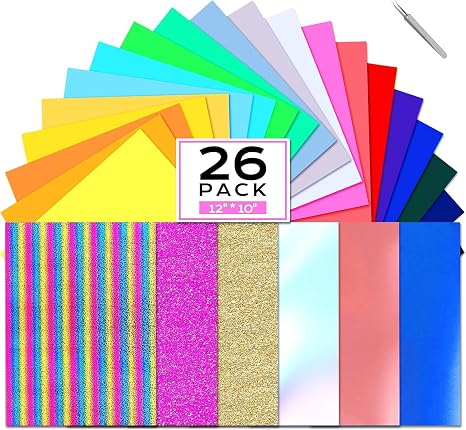 CHEPULA 26 Pack HTV Heat Transfer Vinyl, 12" x 12" Glitter Colors, Permanent Iron on Vinyl for Cricut, DIY T-Shirt, Clothes, Hats & Textiles