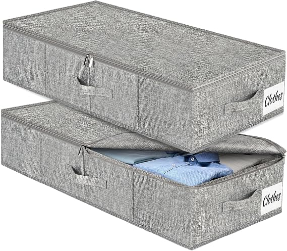 Underbed Storage Box with Lid Pack of 2 Foldable Underbed Storage Washable Clothes Storage & Organisation 3 Handles Double Zip Storage Boxes for Clothes Blankets 76 x 40 x 17 cm