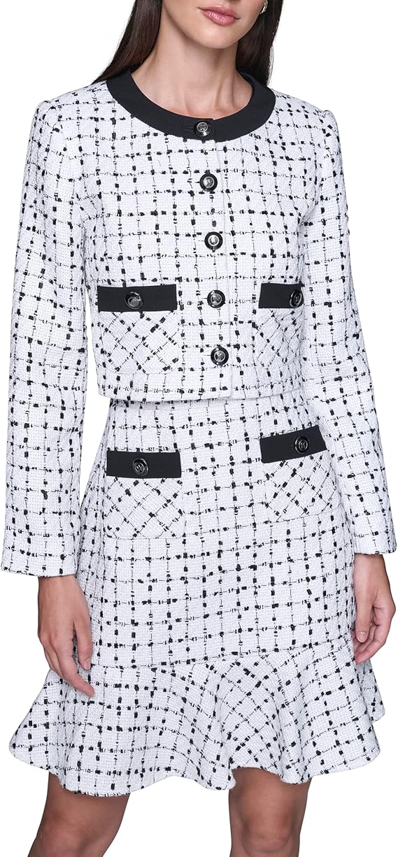 Karl Lagerfeld Women's Long Sleeve Contrast Grid Cropped Two Pockets Tweed Jacket