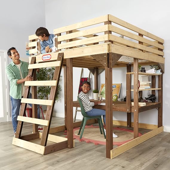 Little Tikes 4-in-1 Study Fort Bed Set Children, Kids Loft Bedroom Furniture, 5' High Lofted Bed with Storage Shelves, Ladder, Climbing Wall with Desk, Built for Safety, for Boys Girls Ages 6+ Years
