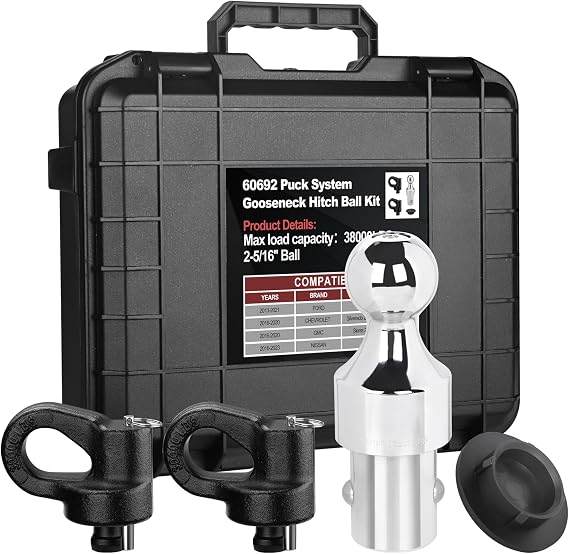 60692 - Puck System Gooseneck Hitch Ball Kit with Box, 2-5/16, 38,000 lbs GTW. Compatible with Ford F250, F350, F450, Chevrolet Silverado 2500, 3500 HD, GMC Sierra 2500, 3500 HD, and Titan XD