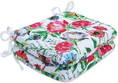 Pillow Perfect Bright Floral IndoorOutdoor Round Corner Chair Seat Cushion with Ties, Plush Fiber Fill, Weather, and Fade Resistant, 15.5 x 18.5, PinkBlue Flower Mania, 2 Count