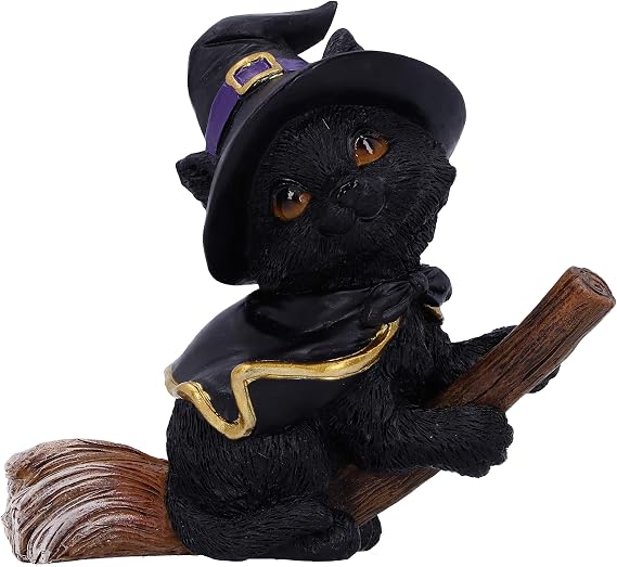 Nemesis Now Tabitha Small Witches Familiar Black Cat and Broomstick Figurine, 11cm