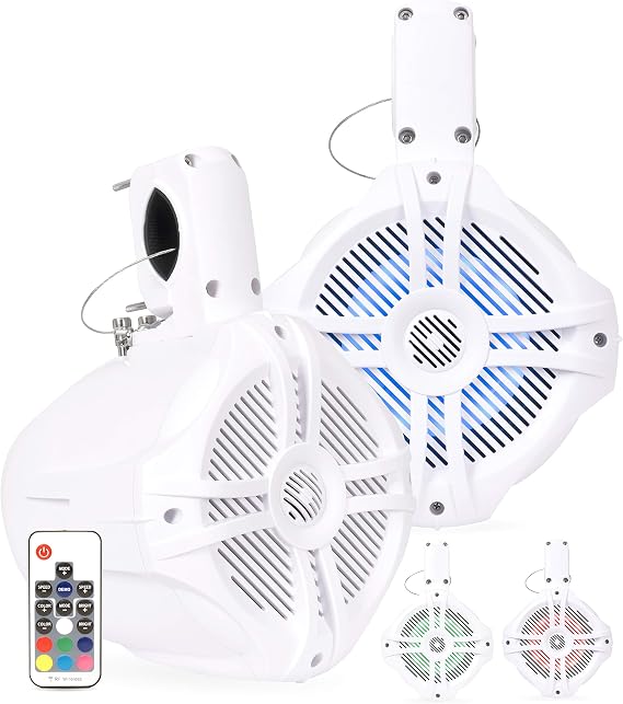 BELVA BWT6LED 500W Peak (250W RMS) 6.5" White Marine Tower Speakers with Multi-Color LED Lighting and Remote for Boats/ATV/UTV/Motorcycles/SxS/Golf Cart