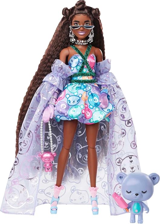 Barbie Extra Fancy Fashion Doll & Accessories Dressed in a Teddy-Print Gown with Sheer Train, Plus Teddy Bear Pet