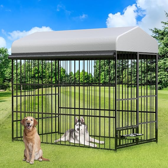 Rovibek 6.5x3.9x5.9 Ft Outdoor Dog Kennel, Outside Dog Kennel with Roof, Dog Kennels Outside, Heavy Duty Dog Kennels Outdoor with 2 Rotating Bowls, Large Dog Enclosure