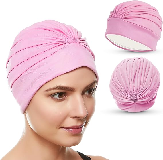 Beemo Swim Cap for Women- Swimming Turban Bathing Cap, Pleated Fabric, Water Resistant PVC Lined, Fits Long Short Thick Hair