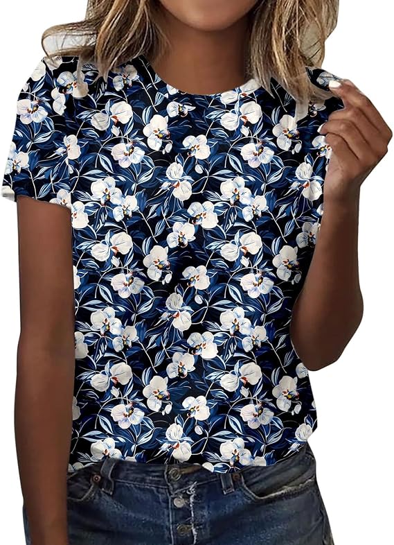 Women's Fashion Print Casual Point Sleeve Crew Neck T Shirt Top Women's Dressy Tops
