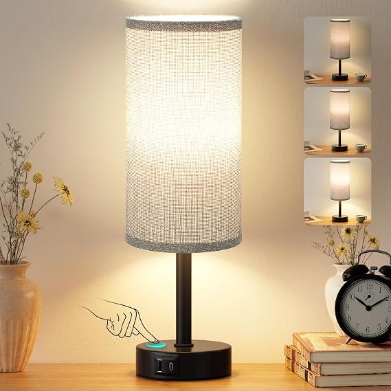 Grey Touch Lamp, Table Lamp with 2 USB Charging Ports, Black Base (Bulb Included) [Energy Class F]