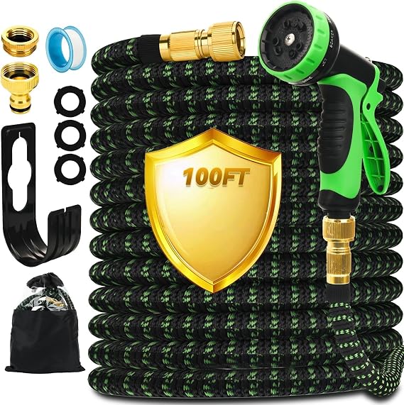 Expandable Garden Hose 100FT, Lightweight Flexible Hose with 10 Function Nozzles, Leak-Proof Metal Interface, Kink Free, Wear-Resistant, Outdoor Long Hose Pipe for Car Wash, Yard, Lawn