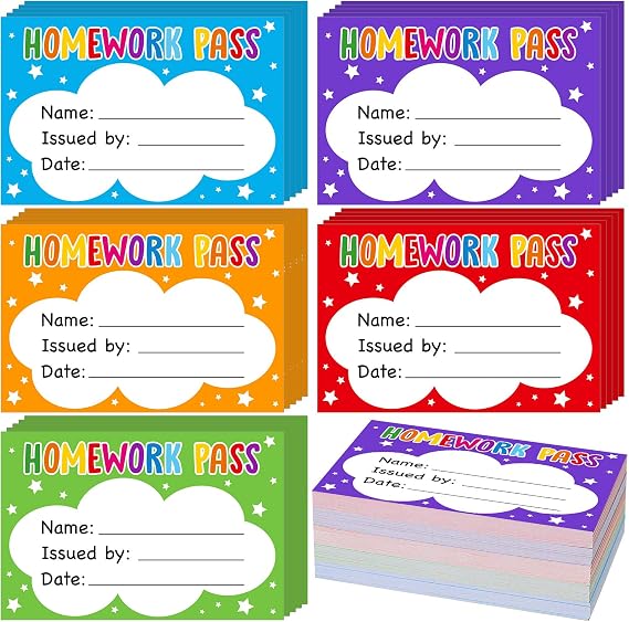Eersida 100 Pcs Colorful No Homework Passes Cards for Students Bulk Classroom Management Tool Free Birthday Homework Passes for Teacher Back to School Behavior Activities Reward Supplies(Clouds)