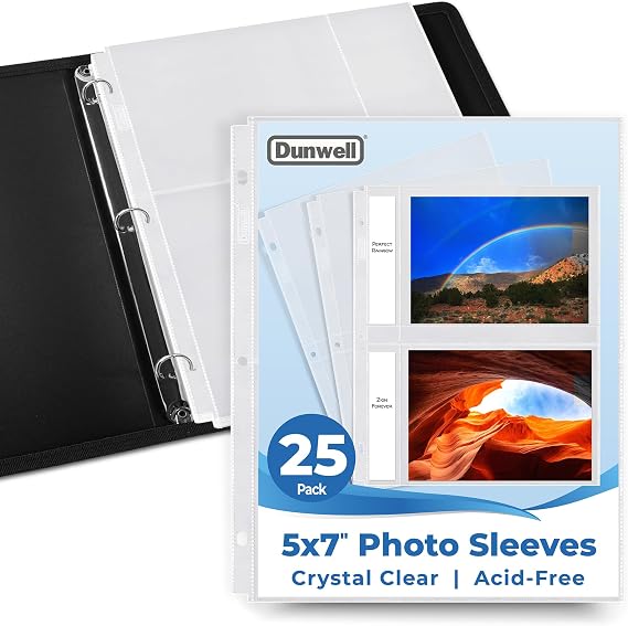 Dunwell 5x7 Photo Sleeves for 3-Ring Binder, (25 Pack) for 100 Pictures, Each Sheet Holds Four 5 x 7 Pictures or Postcards, Acid-Free Poly Plastic Photo Album Refill Pages