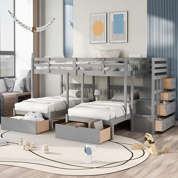 Full Over Twin & Twin Bunk Bed, Wood Triple Bunk Bed Frame with with Staircase, Drawers and Guardrails, Multi-Functional Bunk Bed for Kids, Teens, Adults (Gray*Staircase)