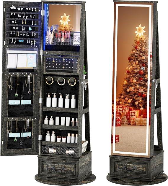 LED Mirror Jewelry Cabinet Standing, 360Swivel Jewelry Armoire with Full Length Mirror, Mirror with Jewelry Storage and Large Wooden Drawer for Christmas Gifts (Dark grey)