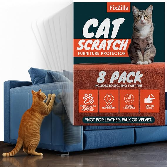 FixZilla Anti Cat Scratch Furniture Protector, 8-Pack Couch Protector from Cat Claws Heavy-Duty, Easy-to-Apply Scratching Deterrent and Shield for Sofa Corners, Walls, and Doors- with 50 Twist Pins