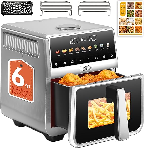 Stainless Steel Air Fryer 6 Qt, Ceramic glaze Air Fryer, Stainless Steel Housing& Full Metal Inner Pot, PTFE and PFAS Free, 9 Digital One-Touch Cook Functions,120F~450F, 1700W
