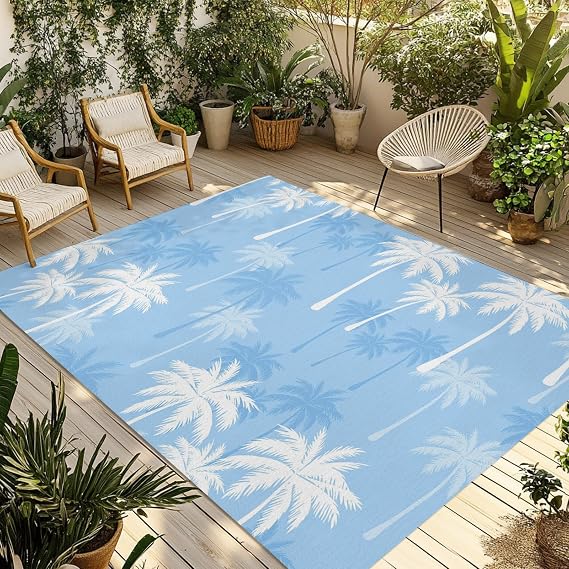 Outdoor Rug, Tropical Palm Tree Patio Rugs 3' x 5', Blue White Plants Coastal Botanical Leaf Washable Rug Non Shedding Outdoor Area Rugs Large Floor Mats for Outside, Deck, Backyard