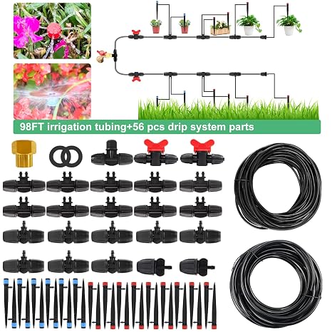 Drip Irrigation kit, 98FT Irrigation System kit 1/2" and 1/4" Blank Distribution Tubing Watering Drip Kit/DIY Saving Water Garden Irrigation System, Automatic Irrigation Equipment Set for Garden