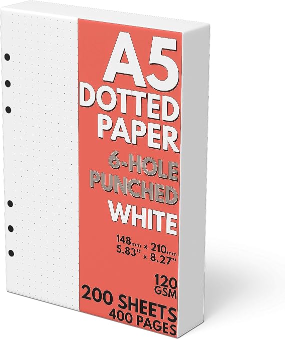A5 Dot Grid Paper, Extra Thick, 6-Hole Punched, 200 Sheets (400 Pages), 120 GSM
