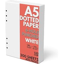 A5 Dot Grid Paper, Extra Thick, 6-Hole Punched, 200 Sheets (400 Pages), 120 GSM
