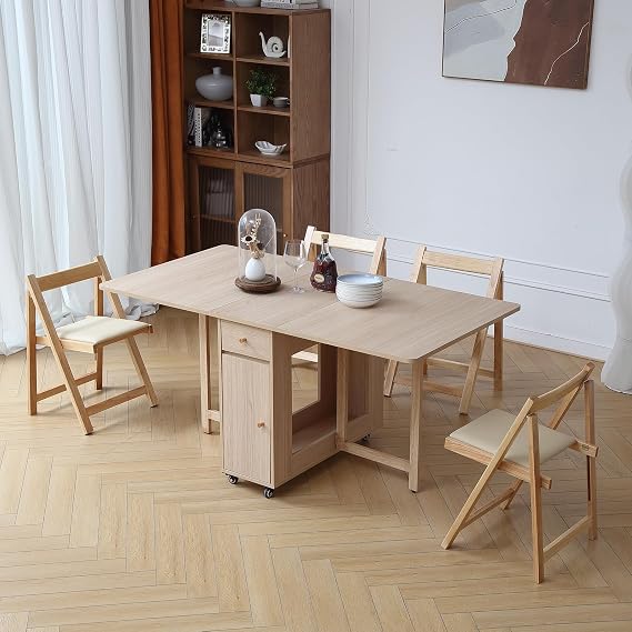 Wood Drop Leaf Folding Dining Table with 2 Drawers and 4 Wheels, Wooden Padded Chairs Set of 4, Space Saving Dining Table with 4 Chairs