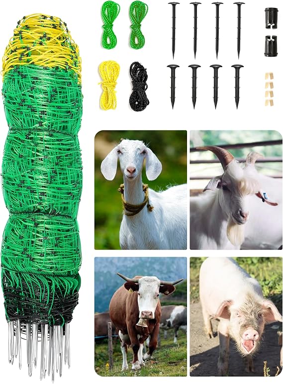 Rengue Electric Netting Fence, 42.5" x 164' Electric Fence Netting PE Portable Electric Netting with 14 Posts Double Spiked for Goats, Sheep, Lambs in Backyards, Farms and Ranches
