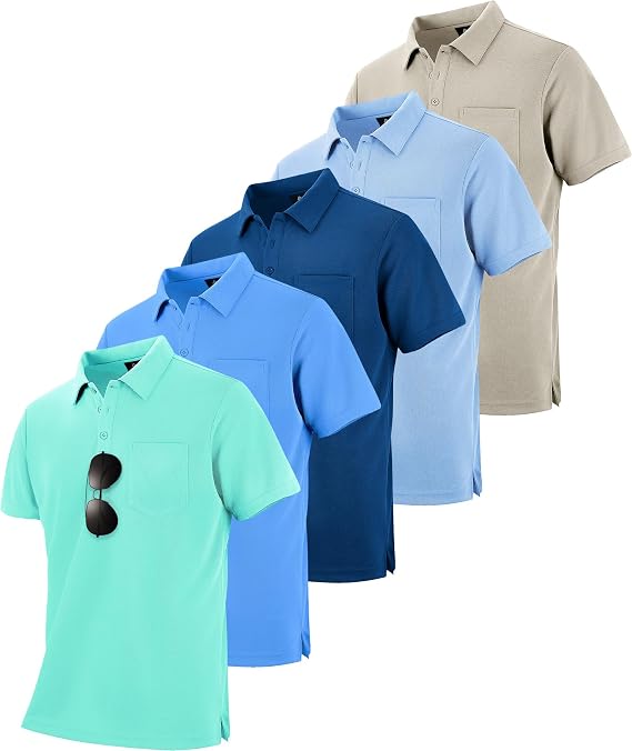 ZITY 5 Pack Polo Shirts for Men with Pocket Dry Quickly Short Sleeve Athletic Outdoor Work Collared Shirts