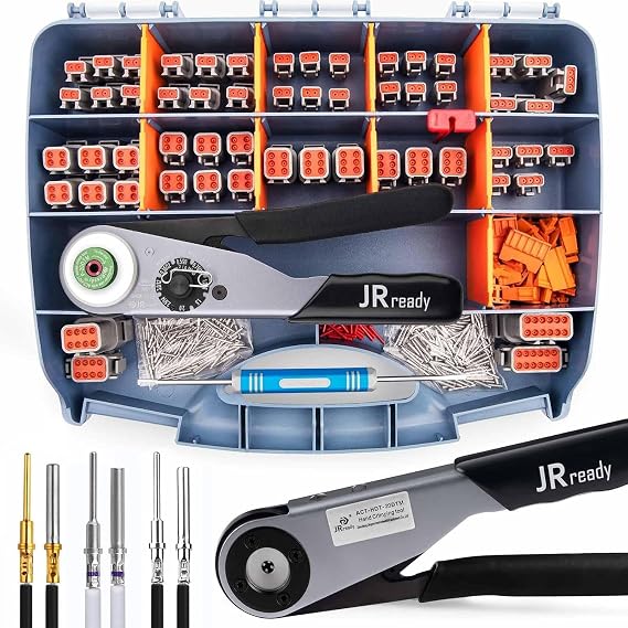 JRready ST6360 Deutsch DTM Connector Crimping Tool Kit,Solid Barrel Contact | Deutsch Crimp Tool and 2 3 4 6 8 12 Pin Waterproof Connectors,Size 20 Male Female Terminal 20-22AWG For Automotive Connectors