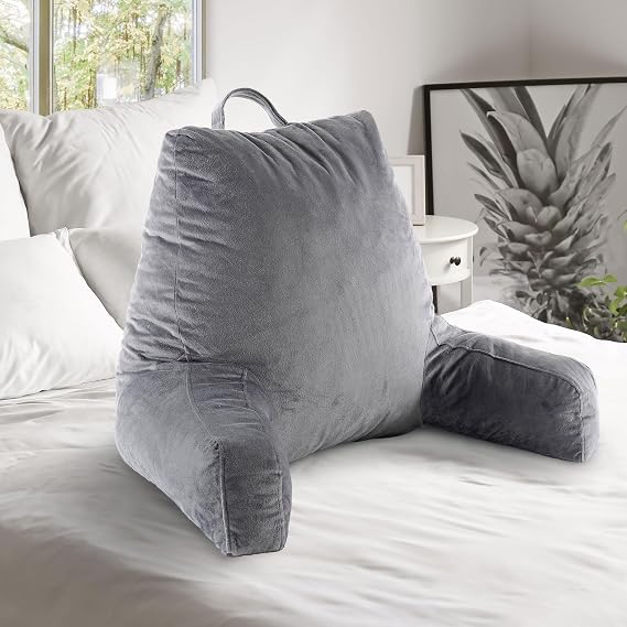 Cheer Collection Reading Pillow with Arms Portable Bed Pillow for Sitting Up & Support, Foam-Filled Back Rest Pillow for Sitting in Bed & Couch, Machine Washable Gray (Large)