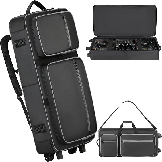 DJ Controller Soft Case with Wheels Compatible with DDJ-RZ/DDJ-SZ/XDJ-XZ, DJ Soft Case DJ Bag with Multi-pocket, Rolling DJ Case for DJ Controller & Accessories (Large)