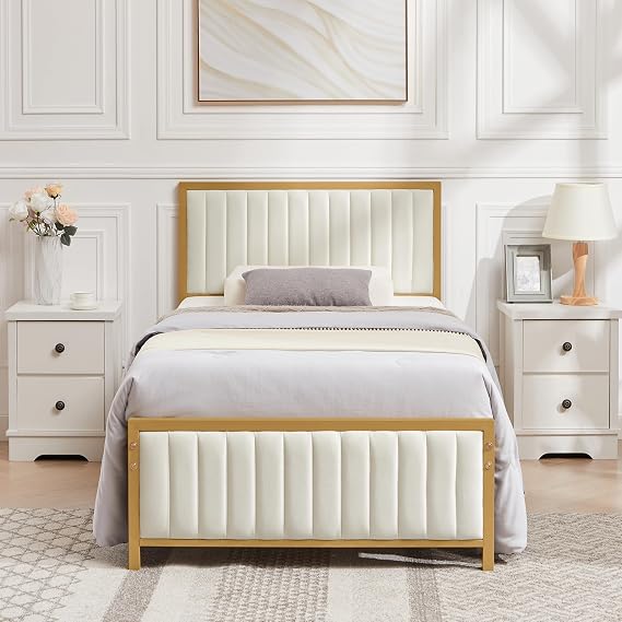 VECELO 3ft Single Size Bed Frame with Linen Fabric Headboard and Footboard, Heavy-Duty Platform with Strong Steel Slats, No Box Spring Needed, Easy Assembly