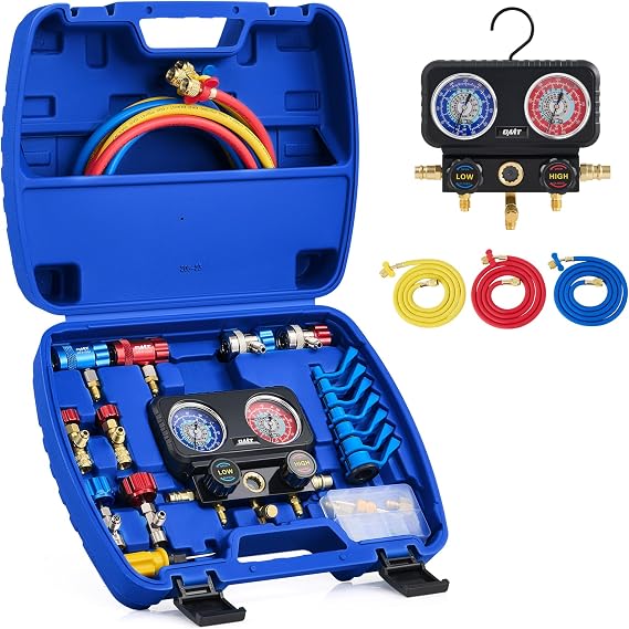 OMT 3 Way Manifold Gauge Set for R1234yf R134a R410a Refrigerant, AC Gauges | Automotive Gauge Set with Hoses Quick Couplers Self Sealing Can Taps for Car Freon Charging & Evacuation