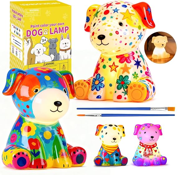 2 Pcs Paint Your Own Dog Lamp Kit, DIY Dog Night Light Kids 4+ | Art Craft Painting Kits with Video Tutorial, Creative Gifts for Birthday Easter Halloween Christmas Party
