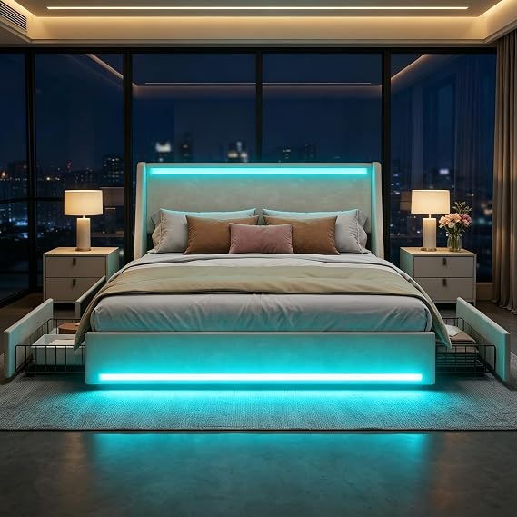 VECELO 4ft6 Double Bed Frame with LED Lights, Velvet Upholstered Platform Bed with 2 Storage Drawers, Side Pockets, Dual USB and Type-C Charging Ports, Easy Assembly, No Box Spring Needed