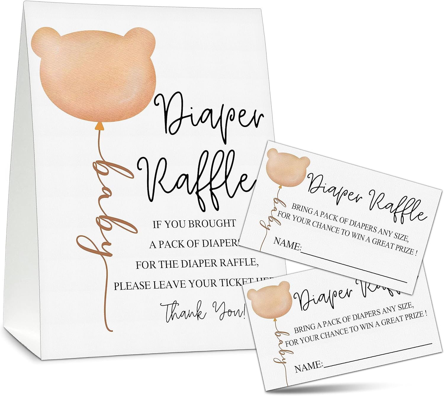 Baby Shower Game Set, 50 Diaper Raffle Tickets with 1 Standing Sign, Brown Bear Gender Reveal Party Decorations Supplies - C27