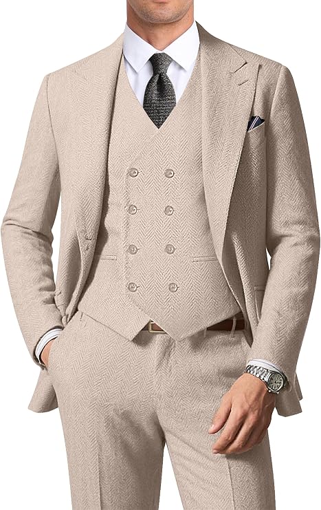 Mens Suits 3 Piece Herringbone Tweed Double Breasted Jacket Vest Pants