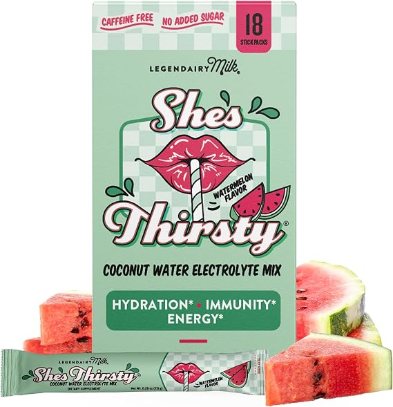 Legendairy Milk She's Thirsty Watermelon, No Sugar Added Electrolytes Powder PacketsCoconut Water Mix for Women, Instant Hydration Packets, Immune Support, Pregnancy Safe, 18 Ct