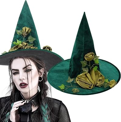Halloween Green Witch Hat Vine Floral Decor Wizard Hats Women Flower Costume Hat Accessory for Halloween Carnival Christmas Cosplay Party Headwear Ornament