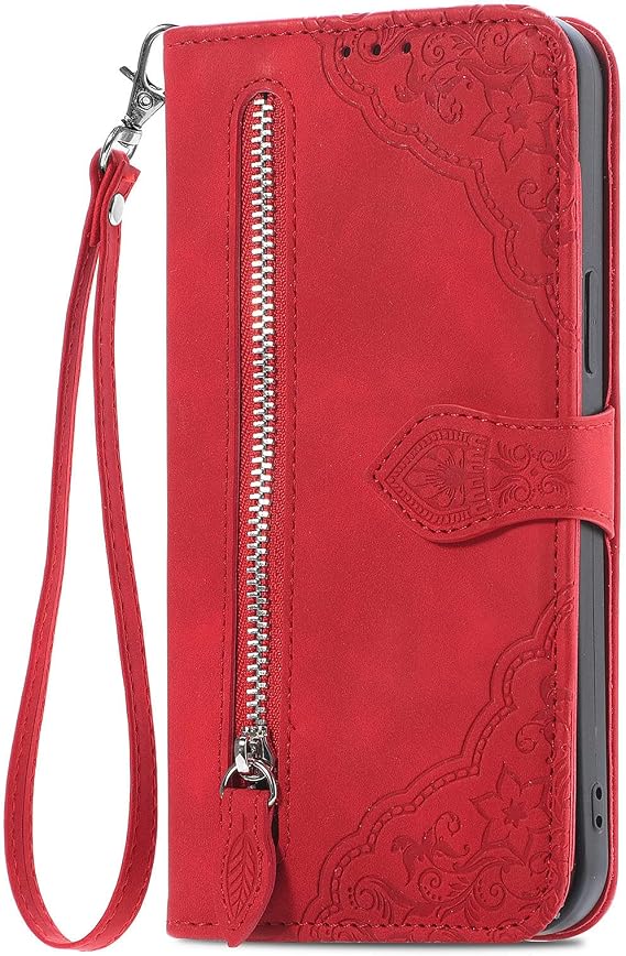 Embossed Folio Flip Compatible with TECNO SPARK 20 PRO 4G Case Wallet PU Leather Case Cellphone Shell Kickstand with ID Credit 7 Card Slots Cases Covers Lanyard Strap Zip Coin Purse Cover,Red