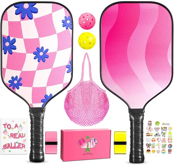 Pickleball Paddles Set of 2, Carbon Fiber Surface Pickleball Paddles with 2 Indoor&Outdoor Pickle Balls,1 Carry Bag,2 Grip Tapes,28 Stickers,1 Greeting Card, for Beginners&Pros Women
