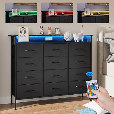 ELYKEN 50W Black Dresser for Bedroom, Tall Dresser with 12 Drawers and Charging Station, Fabric Chest of Drawers with PU Finish Storage Drawers for Entryway Closet Living Room Hallway