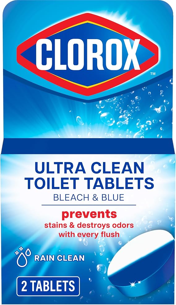 Clorox Ultra Clean Toilet Tablets Bleach & Blue, Rain Clean Scent 2.47 Ounces Each, 2 Count (Package May Vary)