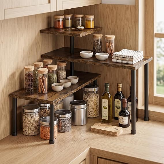 Corner Shelf, Adjustable Kitchen Countertop Organizer, Kitchen Counter Shelf for Cupboards, 3-Tier Spice Racks Space Savers, Countertop Storage for Worktop, Desktop, Coffee Station, Bathroom