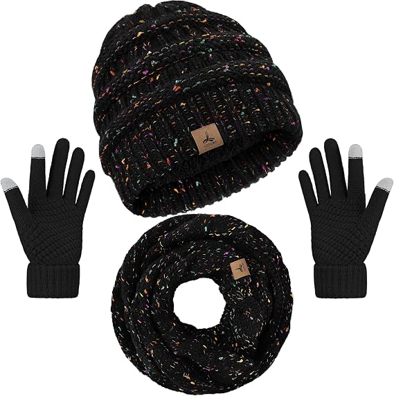 LOROME Winter Beanie Hat Scarf Gloves, Warm Fleece Knit Neck Scarf Set Gift