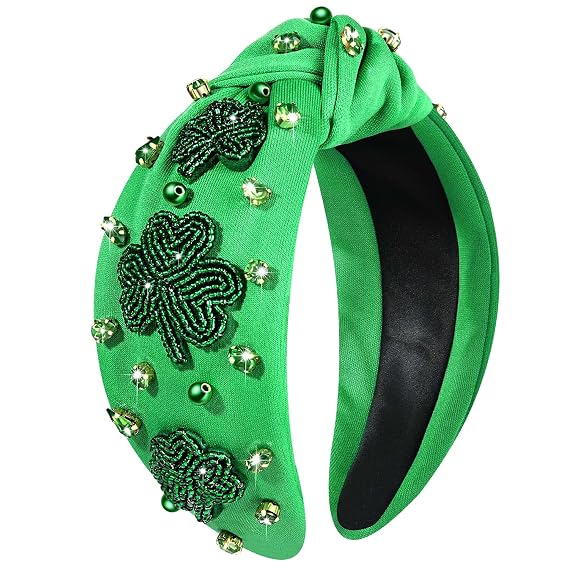 mokkia St.Patricks Day Headband Accessories Outfits for Women Green IRISH Lucky Shamrock Headband Rhinestone Crystal Knotted Headbands Irish Holiday Headwear Party Favors Gifts (Shamrock A)