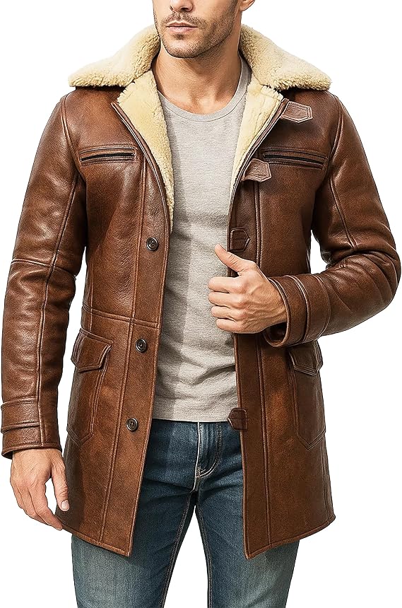 Mens Winter Trench Genuine Sheepskin Leather Shearling Overcoat
