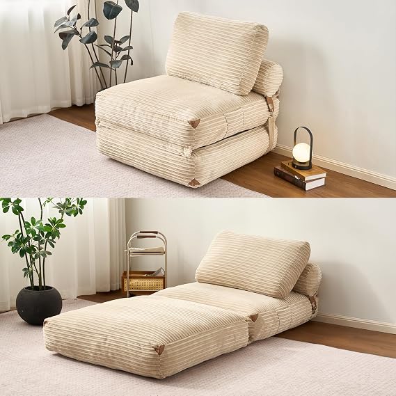 Folding Sofa Bed,Comfy Sleeper Chair Foldable Mattress with Pillow & Back Support,Portable Fold Out Chair Bed Floor Convertible Lounge Sofa Couch for Living Room Bedroom (Beige)