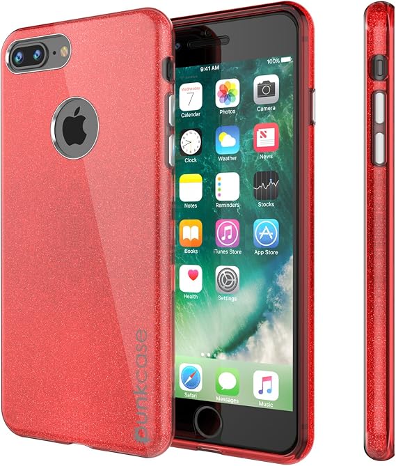 punkcase iPhone 8 PLUS / 7 PLUS Case, Galaxy 2.0 Series Ultra Slim Protective Armor TPU Cover Tempered Glass Screen Protector / W&Apple iPhone 7 + / 8 + Black/Grey, Red