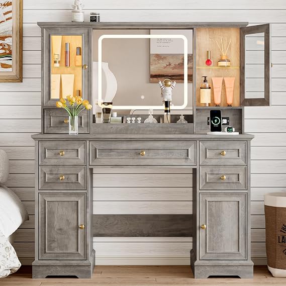 Xixini 43.3" Farmhouse Vanity Desk with LED Mirror, RGB Cabinets, Grey